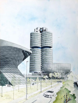BMW-Gebäudekomplex - München   Aquarell,   41x55cm     2020