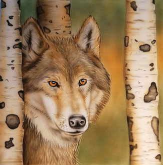 Wolf hinter Birken /  Airbrush  / Kundenauftrag 