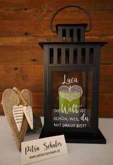 Laterne graviert / Geschenk zur Geburt / Glasgravur