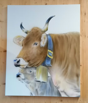 Wandbild Kuh mit Kälbli auf Leinen
