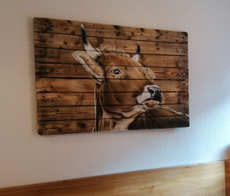 Wandbild Holz / Stolze Kuh