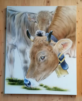 Wandbild Kuh mit Kälbli auf Leinen