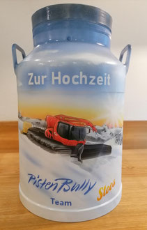 Milchkanne Pisten Bully Team Stoos  / Hochzeitsgeschenk / Viel Glück :)