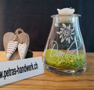 Windlicht graviert / Glasgravur / Edelweiss / Danke