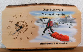Holzuhr Kundenauftrag / Rettungsdienst Stoos /  Zur Hochzeit / Viel Glück :)