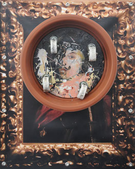Sich retten (an: Francesco_I_d'Este.jpg)  2018  Malerei auf Leinwand auf Transportroller (Durchmesser) 38 cm in Blumentopf (48 x 30 cm) auf Fotoplane (100 x 80 cm)