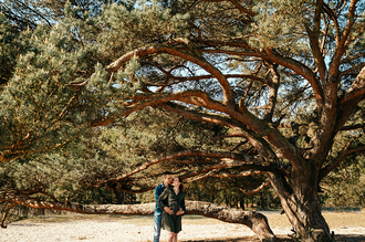 afstandsshot van zwanger koppel onder een mooie boom in de Kalmthoutse heide-zwangerschapsfotografie-©Fotografils-byIlseWagemakers-fotograaf-basedinEssen