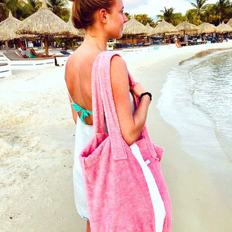Strandbag  Rose mit Streifen aus Frottee - Bucket Bag - Beach Basket