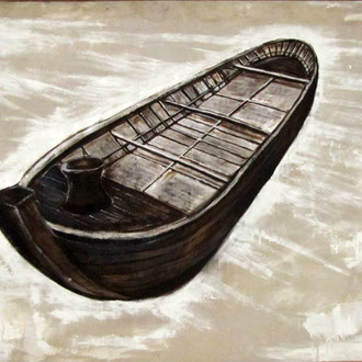 Tuna boat. Tar and industrial colours on canvas,220x180cm.