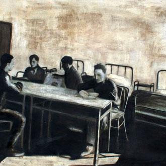In posa per la storia. Tar and industrial colours on paper on wood, 100x70cm.