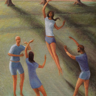 Friends playing with a ball, oil painting