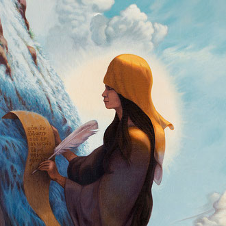 Female muse writing near a waterfall Agni Yoga