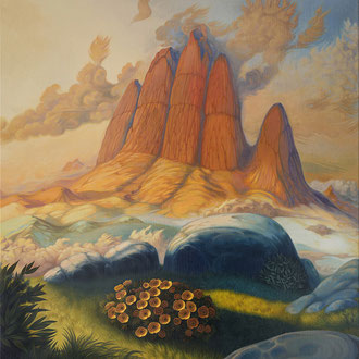 Painting of a protective hand with golden flowers