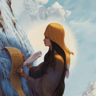 Femme muse écrivant près d'une cascade Agni Yoga