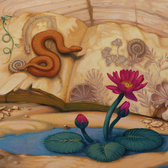 Rocky landscape, water lilies, snake and fossils