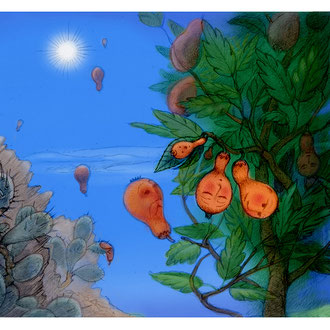 Dessin aux crayons de couleur fruits visages