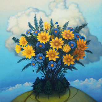 Fleurs jaunes et bleues devant des montagnes lointaines