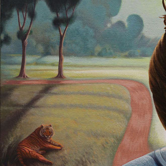 Tigre couché dans un paysage peinture à l'huile