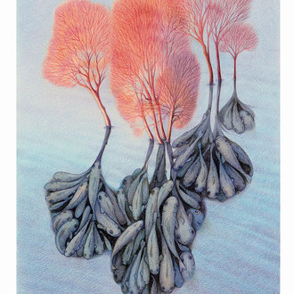 Dessin metaphorique crayon de couleurs arbres roses dorés