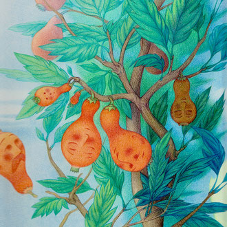 Colored pencil drawing of fruits and faces
