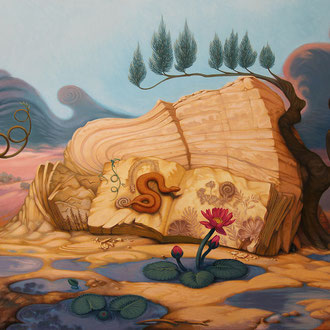 Paysage de roches Nénuphars serpent et fossiles Agni Yoga