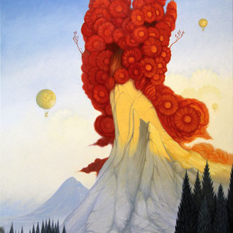 Rocky peak, giant red flowers and hot air balloon