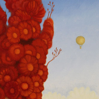 Giant red flowers and a hot air balloon