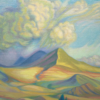 Paysage bleu et doré montagnes lointaines Agni Yoga