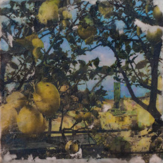 Zitronenbaum II, Monterosso – 2017 – Wachsmalerei und Fotocollage auf Holz –10 x 10 cm – verkauft