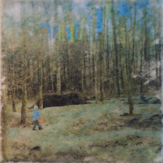 Traumsammler, Bremgartenwald – 2017 – Wachsmalerei und Fotocollage auf Holz –15 x 15 cm – verkauft