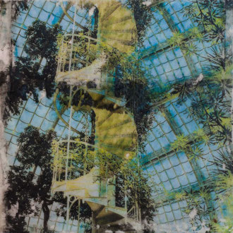 Palmenhaus, Wien – 2017 – Wachsmalerei und Fotocollage auf Holz –20 x 20 cm – verkauft