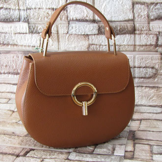 Borsa in pelle color cuoio doppia tracolla corta e lunga accessori dorati