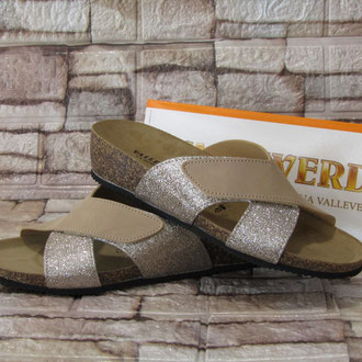 Pianella anatomica tomaio in taupe e oro regolazione velcro sottopiede pelle zeppa 30