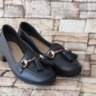 Mocassino pelle sfoderata blu tacco 20 suola gomma