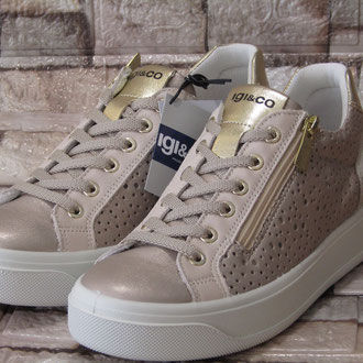 Sneakers in pelle forata taupe inserti oro laccio/cerniera sottopiede estraibile in pelle suola gomma tacco 10