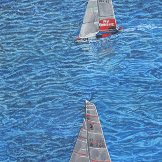 Dipinto Olio su Tela | America's Cup 2007, Alinghi Vince | Dimensioni: 29x38.5 cm