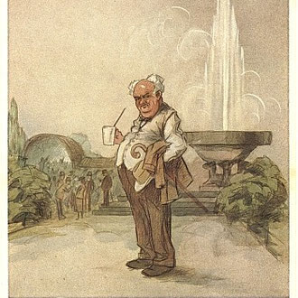 Heinz Geilfus Herz-Postkarte Nr. 15 -- Wie trank er gern das Dunkle udn das Helle, jetzt steht der Knabe traurig an der Quelle!