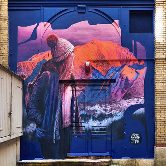 Fresque street-art à Paris, rue de Bucy (Île-de-France) par l'artiste peintre muraliste GRAFFMATT peinture murale thème montagne commune commande professionnel graffiti artiste streetart 
