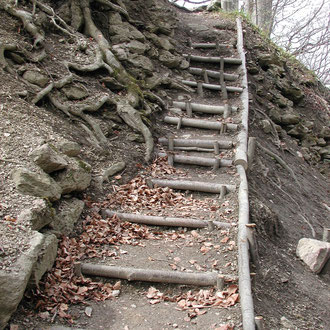 heutiger Aufgang zur Ruine, rechts verm. Burggraben