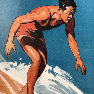 Womme was da Kolle (*1969) ist der Besitzer der Surfschule am Falckensteiner Stand. [Werbeposter von Duke Kahanamoku]
