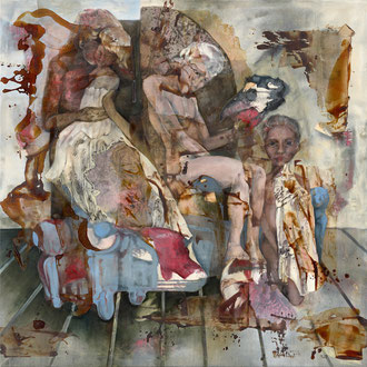 Maria Wirth – Family Couch, 160 x 160cm, Öl, Schellack, Asche auf Leinwand, 2024