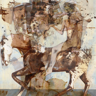 Maria Wirth - Gezeitenreiter (Michael Jastram gewidmet), 130 x 110cm, Öl, Asche, Schellack auf Leinwand, 2024
