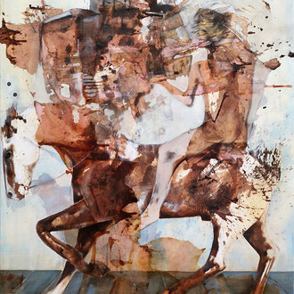 Maria Wirth - Tide rider (dedicated to Michael Jastram), 130 x 110cm, oil, ash, shellac on canvas, 2024