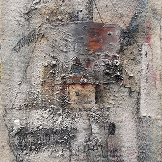 Maria Wirth - Segelhaus no.1, 27,5 x 18,8cm, Kohle, Öl, Collage auf Bütten, 2023
