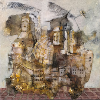 Maria Wirth - Sailing House no.5, 60 x 60cm, ash, shellac, oil on canvas, 2023