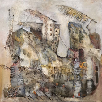 Maria Wirth - Sailing House no.3, 80 x 80cm, ash, shellac, oil on canvas, 2023