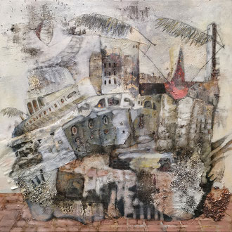 Maria Wirth - Sailing House no.4, 80 x 80cm, ash, shellac, oil on canvas, 2023