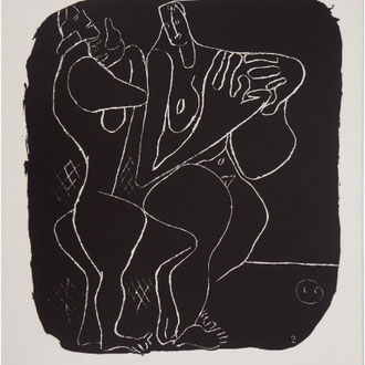 Source d'inspiration de la toile "Caniculaire" : Lithographie Le Corbusier , Deux nus 1964 , 42,5 x 35,5 cm 