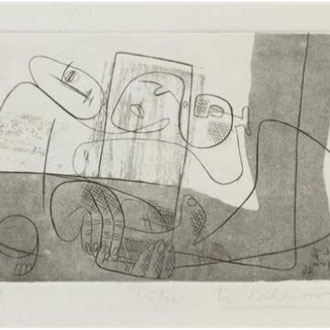 Source d'inspiration de la toile "Un peu de Viennoiserie à Manhattan": Lithographie Le Corbusier , New York 1946 , 8,6 x 13,7 cm