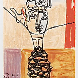 Source d'inspiration de la toile  " Lipstick" : Lithographie aquateinte couleur Le Corbusier , Tête et mains croisées 1965  , 41,8 x 31,7cm